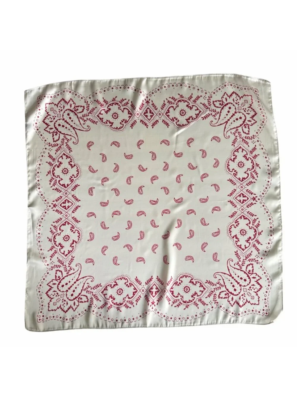 ✨Elegant Silky Square Scarf Retro Print White Burgundy Paisley Head Wrap Bandana